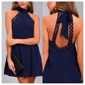 Lulu’s Any Sway Shape or Form Lace Halter Dress Navy Blue XS Open Back